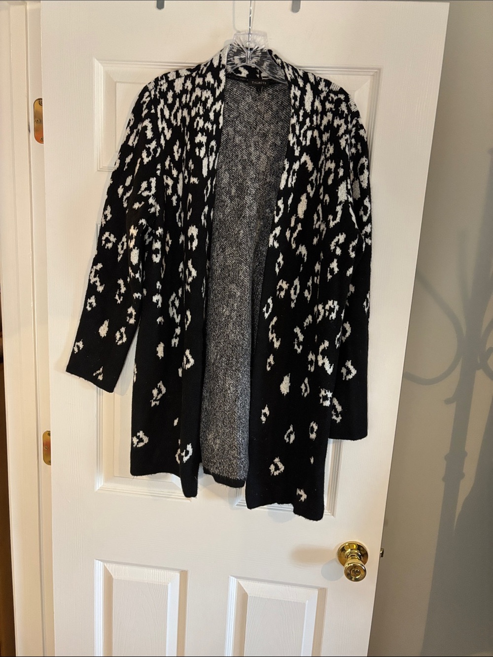 Talbots Black and White Leopard-Print Open Cardigan Large